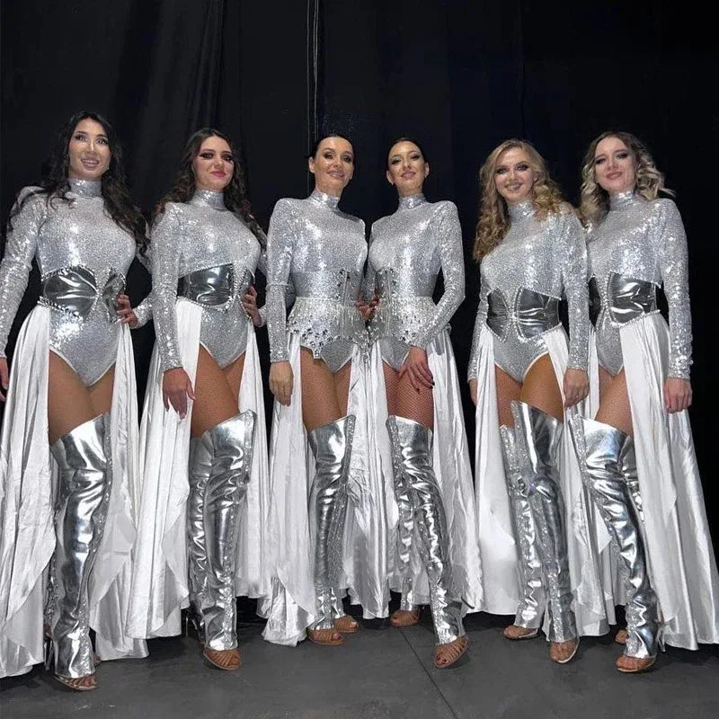 Bar Nightclub Dj Ds Performance Rave Outfits Women Sexy Gogo Dance Costumes Silver Sequins Bodysuit Laser Legs Cover