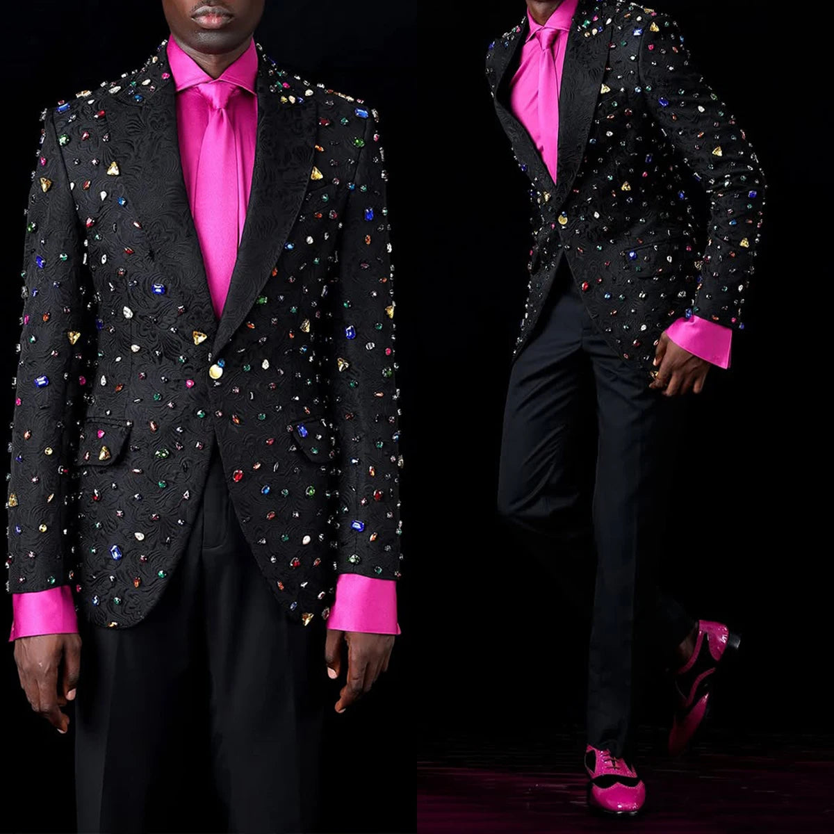 Elegant Men Suits Peaked Lapel Crystal Tailor-Made 2 Pieces Set Jacket One Button Jacquard Blazer Groom Customized Coat Pants