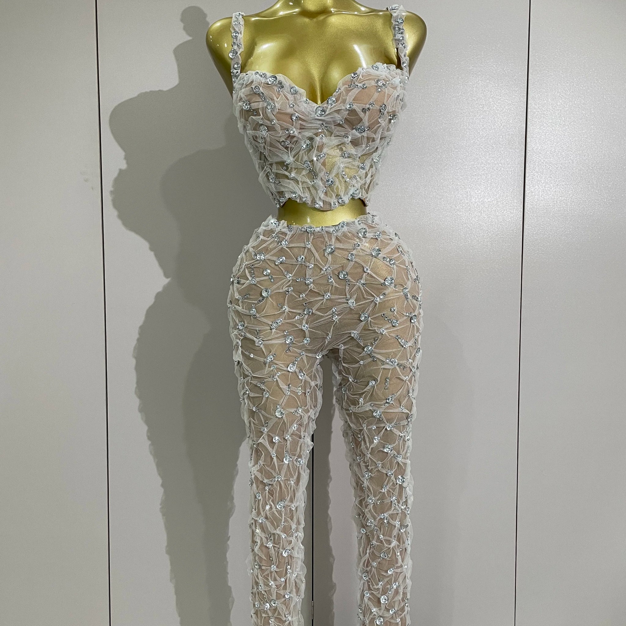 Sexy Sparkly Diamonds Splicing Lace Halter Top+Long Pants Two Piece Set Women Celebrate Birthday Dancer Nightclub Stage Costume