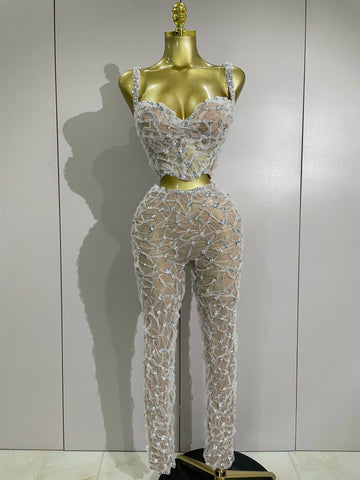 Sexy Sparkly Diamonds Splicing Lace Halter Top+Long Pants Two Piece Set Women Celebrate Birthday Dancer Nightclub Stage Costume