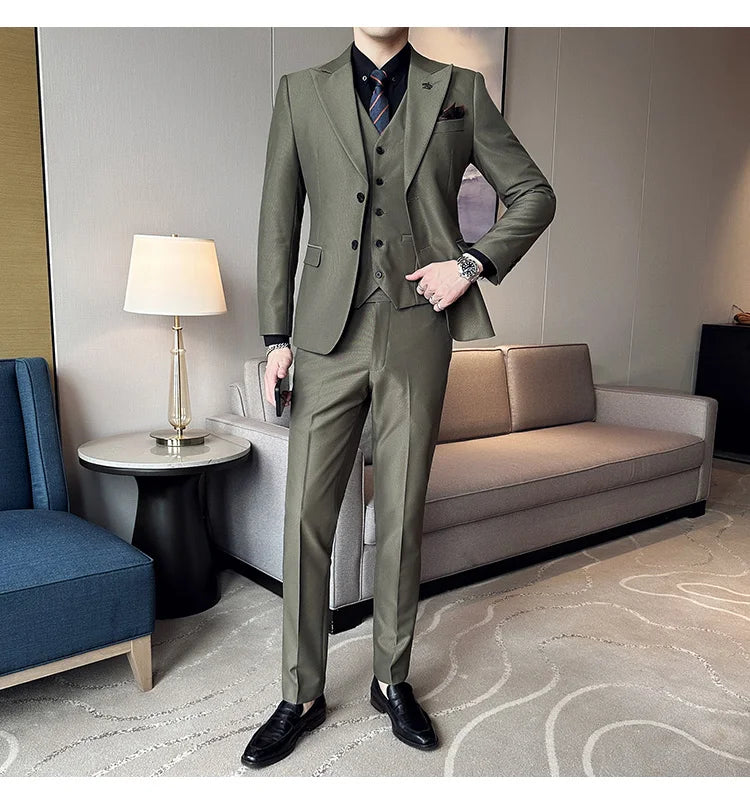 (Chaqueta + chaleco + pantalones) Traje de lujo de primavera para hombre, traje formal para novio, esmoquin de boda, traje ajustado para fiesta de trabajo, 3 piezas
