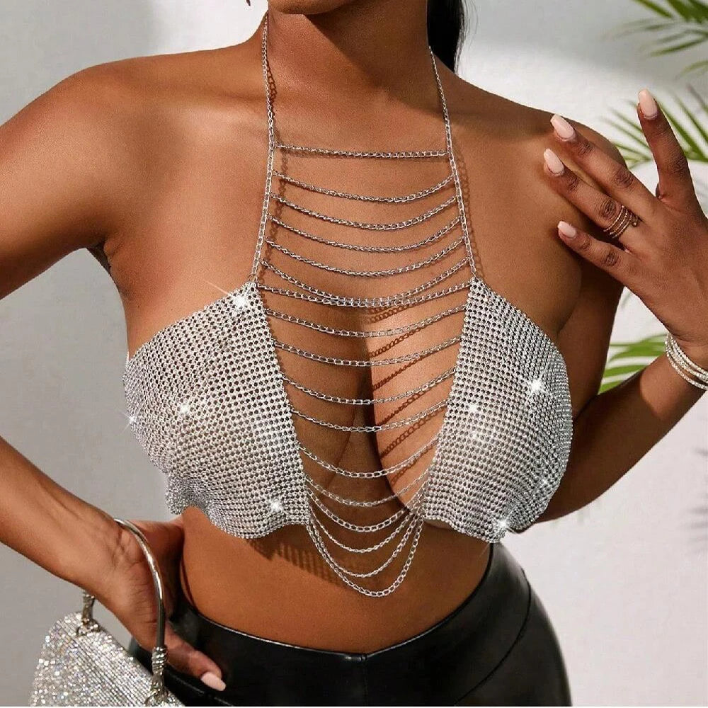 Cadena para el pecho con borlas huecas estilo bikini de moda con diamantes de imitación para playa de arena, joyería para el cuerpo de mujer