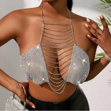 Cadena para el pecho con borlas huecas estilo bikini de moda con diamantes de imitación para playa de arena, joyería para el cuerpo de mujer