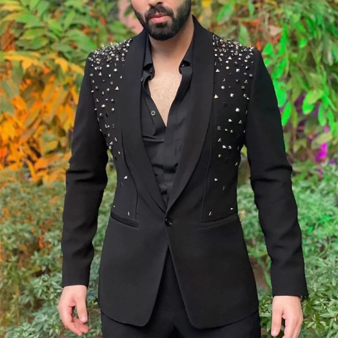 Men Suits Tailor-Made 2 Pieces Blazer Pants One Button Diamonds Beaded Sheer Lapel Business Wedding Plus Size Customized