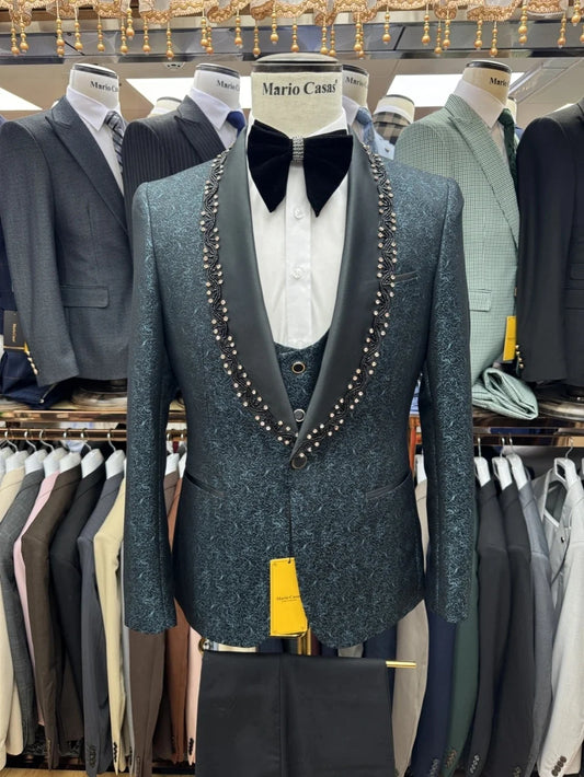 Vintage Men's Suit Rhinestone 2 Pieces Set Jacquard Jacket Tailor-Made Shawl Lapel Blazer One Button Customized Coat Black Pants