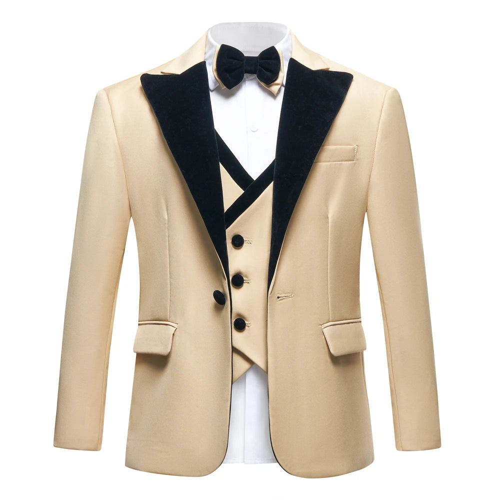 Velvet Collar Suit Set for Kids 3-14 Years, Three-Piece Wedding Suits for Boys, Toddler Suits Tuxedo Blazer Vest Pants Set