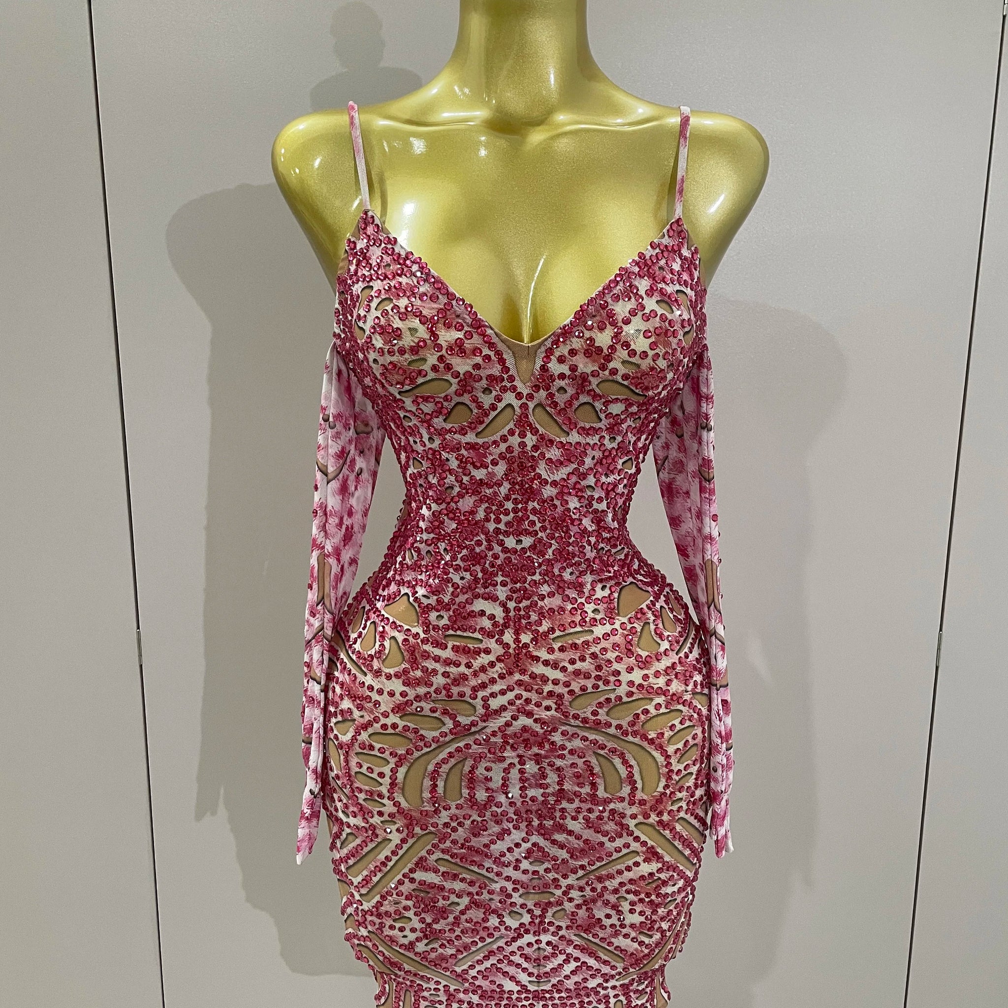 Nuevo minivestido sexy de malla con brillantes diamantes de imitación y guantes para mujer, ideal para fiestas de cumpleaños y celebraciones, disfraz de bailarina para escenario.