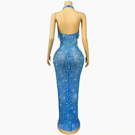 Blue Red Black Rhinestones Crystals Chain Heavy Luxury Gowns Sexy V-neck Backless Dress Women Party Show Photoshoot Stage Wear