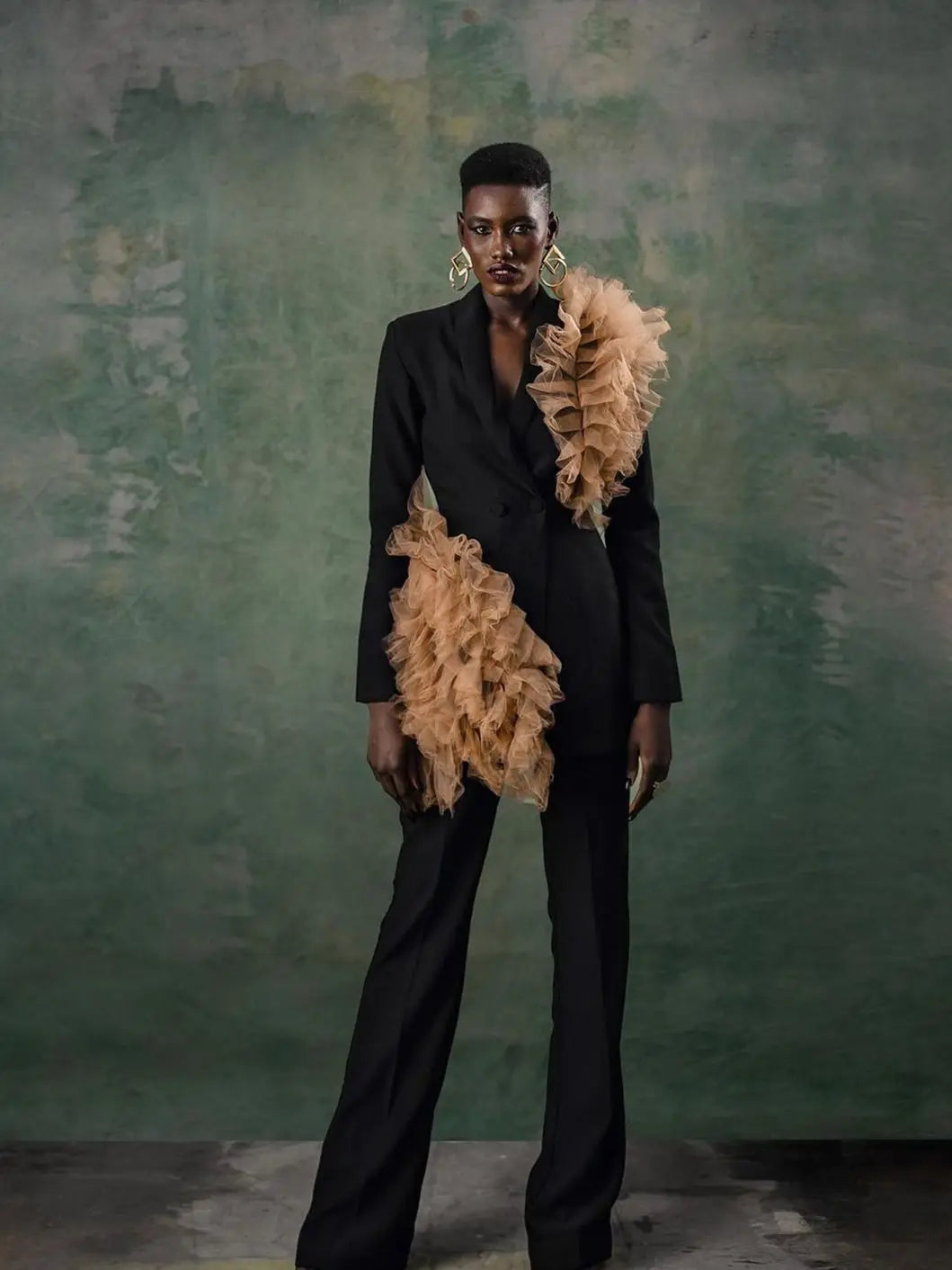 Chaqueta larga negra para mujer, traje de madre de la novia con pantalones y flores, abrigo con volantes para dama, ropa de fiesta de graduación, 2 piezas 