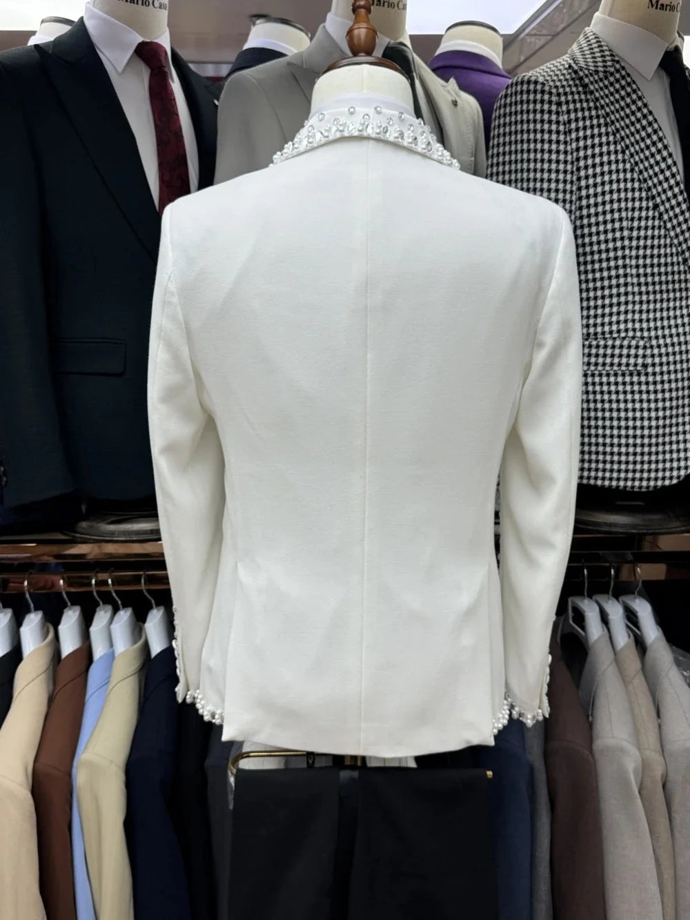 Modern Men's Suit Pearls Rhinestone Shawl Lapel 2 Pieces Set Jacket Tailor-Made Blazer Double Breasted Customized Coat Pants