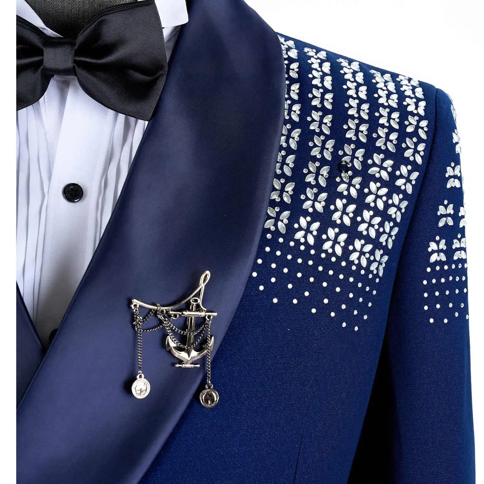 Fashion Men‘s Wedding Suits Shawl Lapel Blazer Rhinestone 2 Pieces Set Tuxedo Coat Double Breasted Customized Jacket Pants