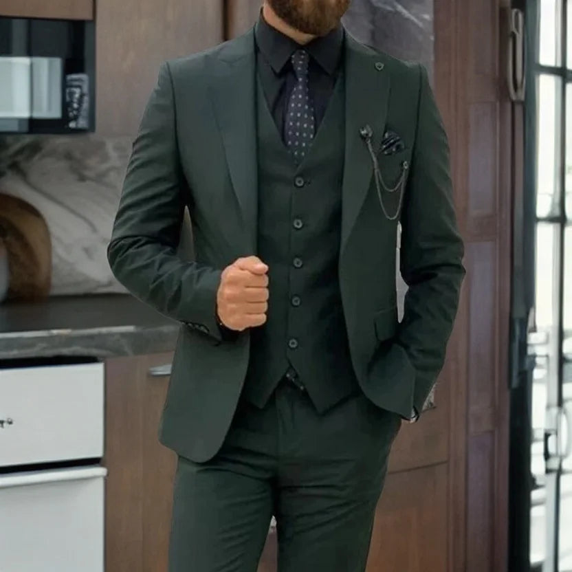 Costume de mariage vert foncé pour homme, 3 pièces, veste, pantalon, gilet, coupe cintrée, revers en pointe, pour marié, bal de promo