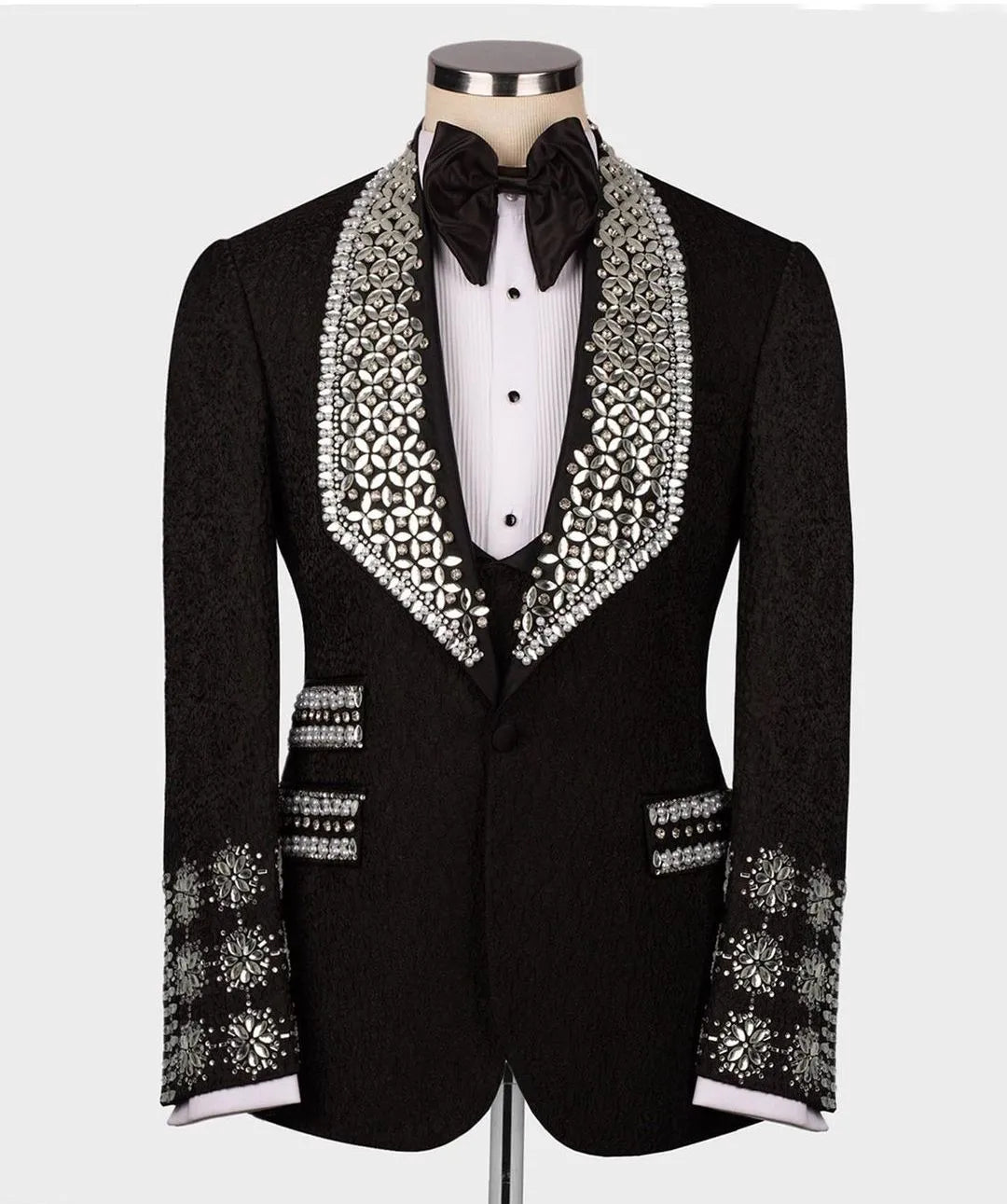 Luxury Beads Diamonds Sparkly 2 Pieces Blazer Vest Men Suits One Button Wide Lapel Formal Prom Wedding Groom Plus Size