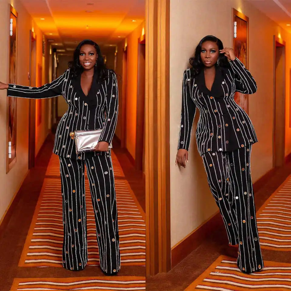Sequined Women Pants Suits Customized Plus Size Lady Prom Evening Guest Formal Party Wear Custom Made Jacket 2 Pieces