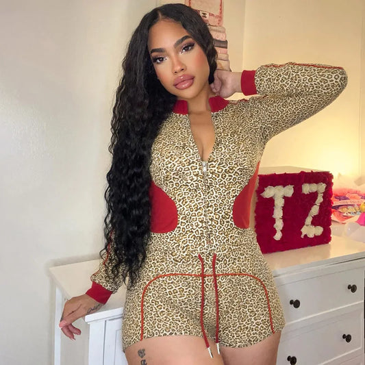 Sexy Women 2 Piece Leopard Zipper Jacket Drawstring Shorts Sets Stand Collar Jackets High Waist Mini Shorts Two Piece Outfits