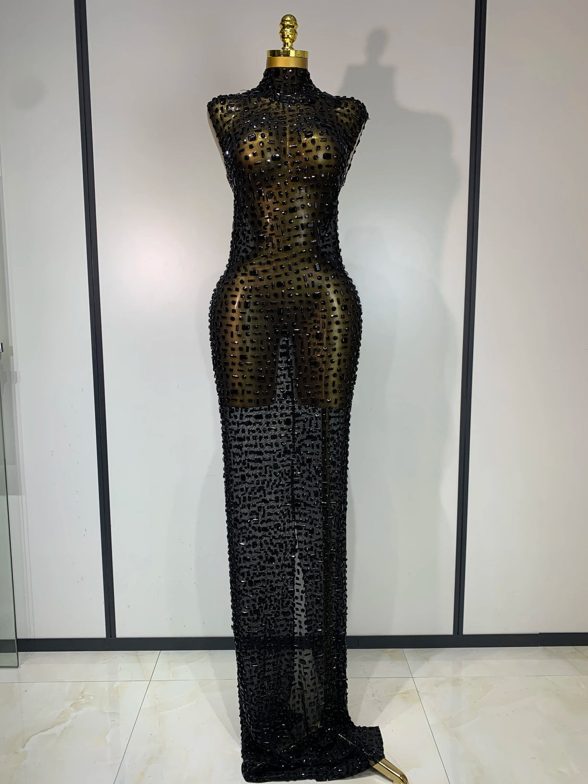 Sparkly Gold Rhinestone Sleeveless Stretch Long Dress Women Sexy Mesh Celebrate Evening Prom Birthday Dress Photo Shoot Wear