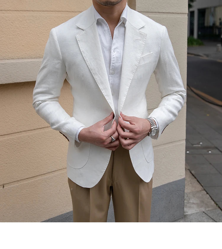 100% Linen Italian Stylish Blazer Men Casual Breathable Half Lining Vintage Suit Jacket Pink White