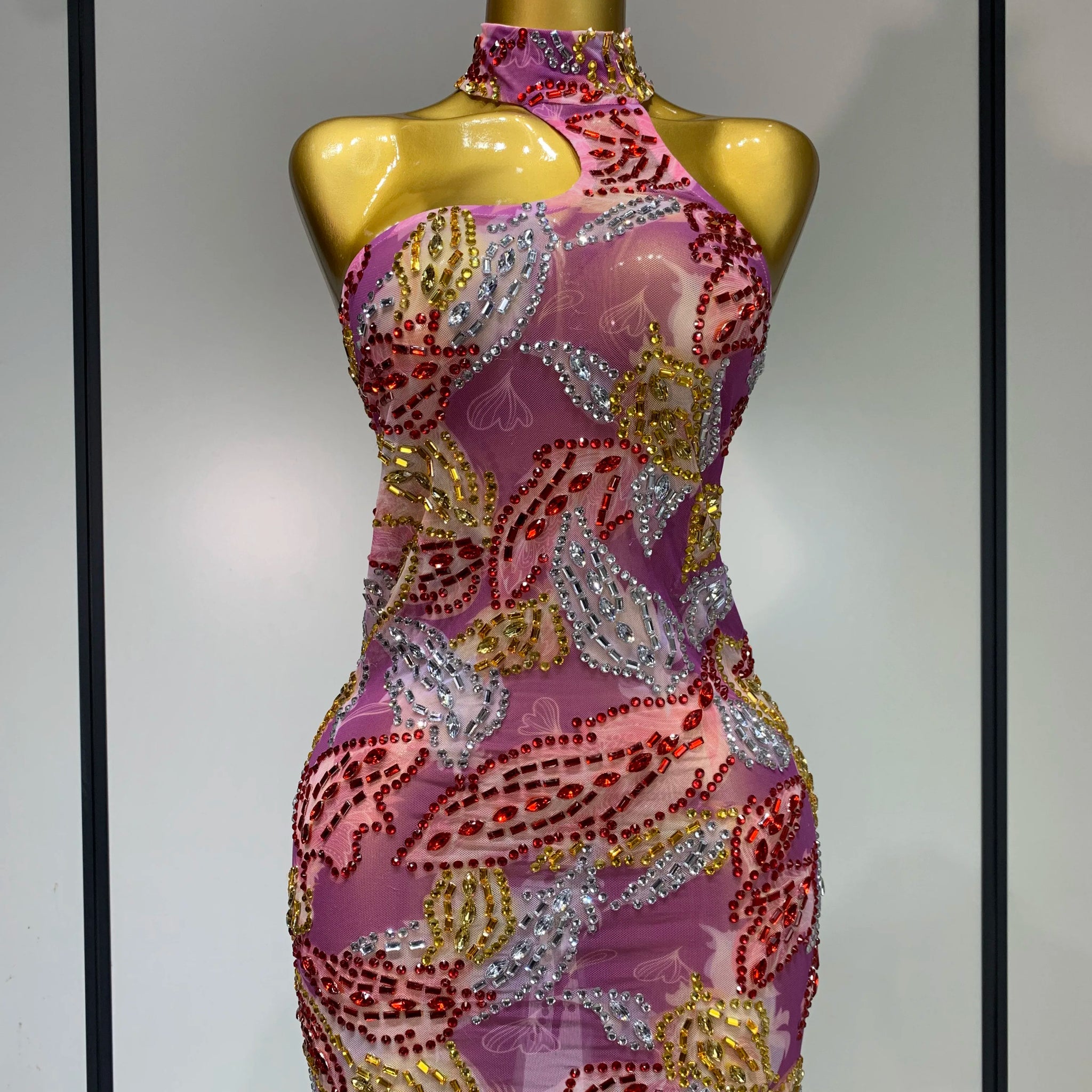 Luxury Sparkly Rhinestones Short Dress Women Sexy Mesh Party Celebrate Birthday Gown Photo Shoot Wear Performance Stage Costume