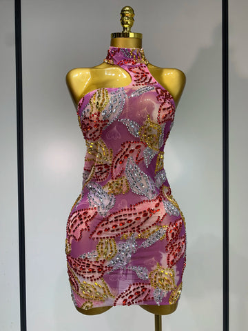 Luxury Sparkly Rhinestones Short Dress Women Sexy Mesh Party Celebrate Birthday Gown Photo Shoot Wear Performance Stage Costume