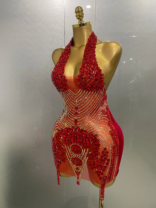 Robe courte sexy en velours rouge scintillante avec strass, dos nu, pour femme, tenue de soirée, de bal, d'anniversaire, de scène
