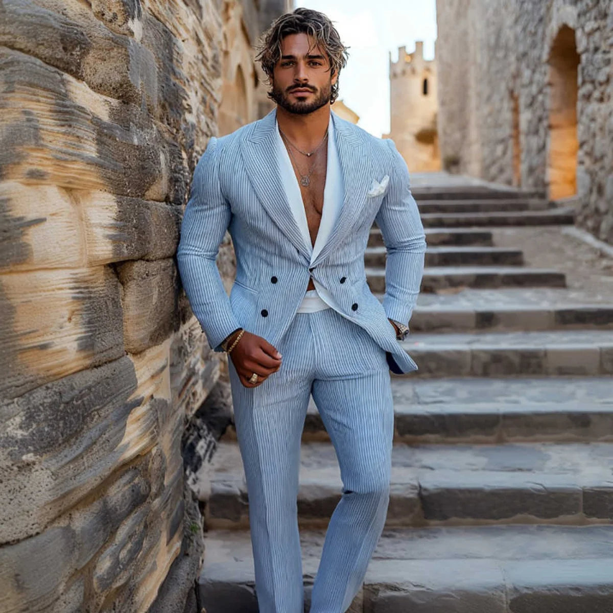 Casual Stripe Men Suits Slim Fit 2 Pieces Set Notched Lapel Double Breasted Party Prom Groom Tuxedos Business Customized