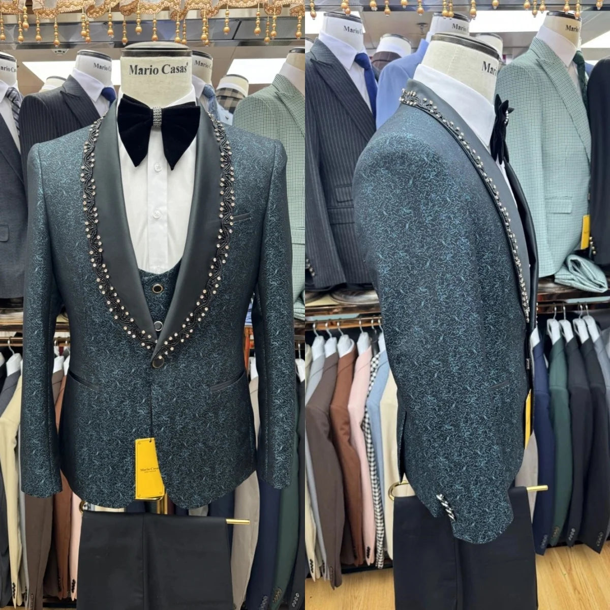 Vintage Men's Suit Rhinestone 2 Pieces Set Jacquard Jacket Tailor-Made Shawl Lapel Blazer One Button Customized Coat Black Pants