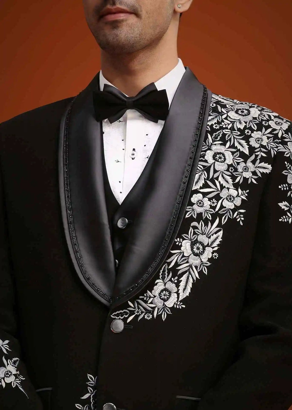 Elegant Men's Suits 2 Piece Blazer One Button Wide Satin Lapel  Appliques Wedding Formal Custom Made Plus Size Ropa Hombre