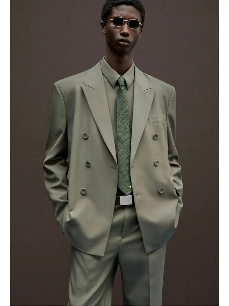 Loose Casual Men Suits Peaked Lapel Double Breasted Business Office Wedding Party Custom Male Clothing 2 Pieces Jacket+Pants