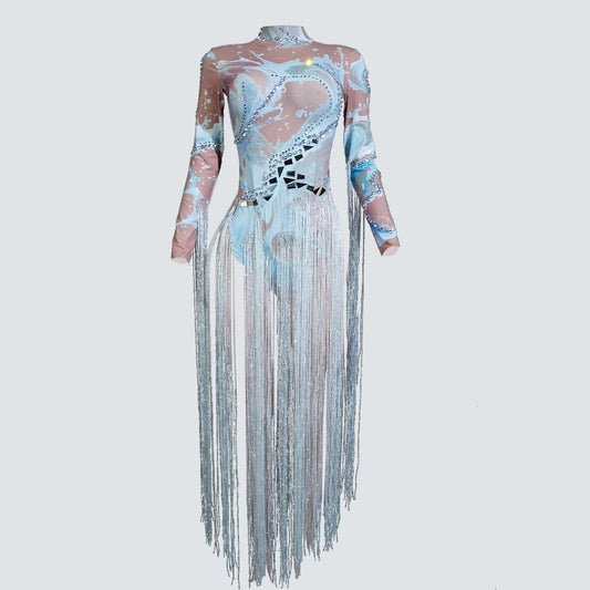 Drag Queen Costume White Print Tassels Rhinestone Bodysuit Stage Outfit Woman Performance Dance Showgirl Singer Bar NightClub DJ
