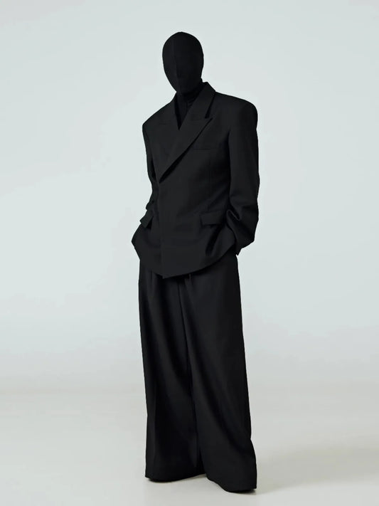 Black Fitted Blazers for Men Peaked Lapel Shoulder Pads Single Button