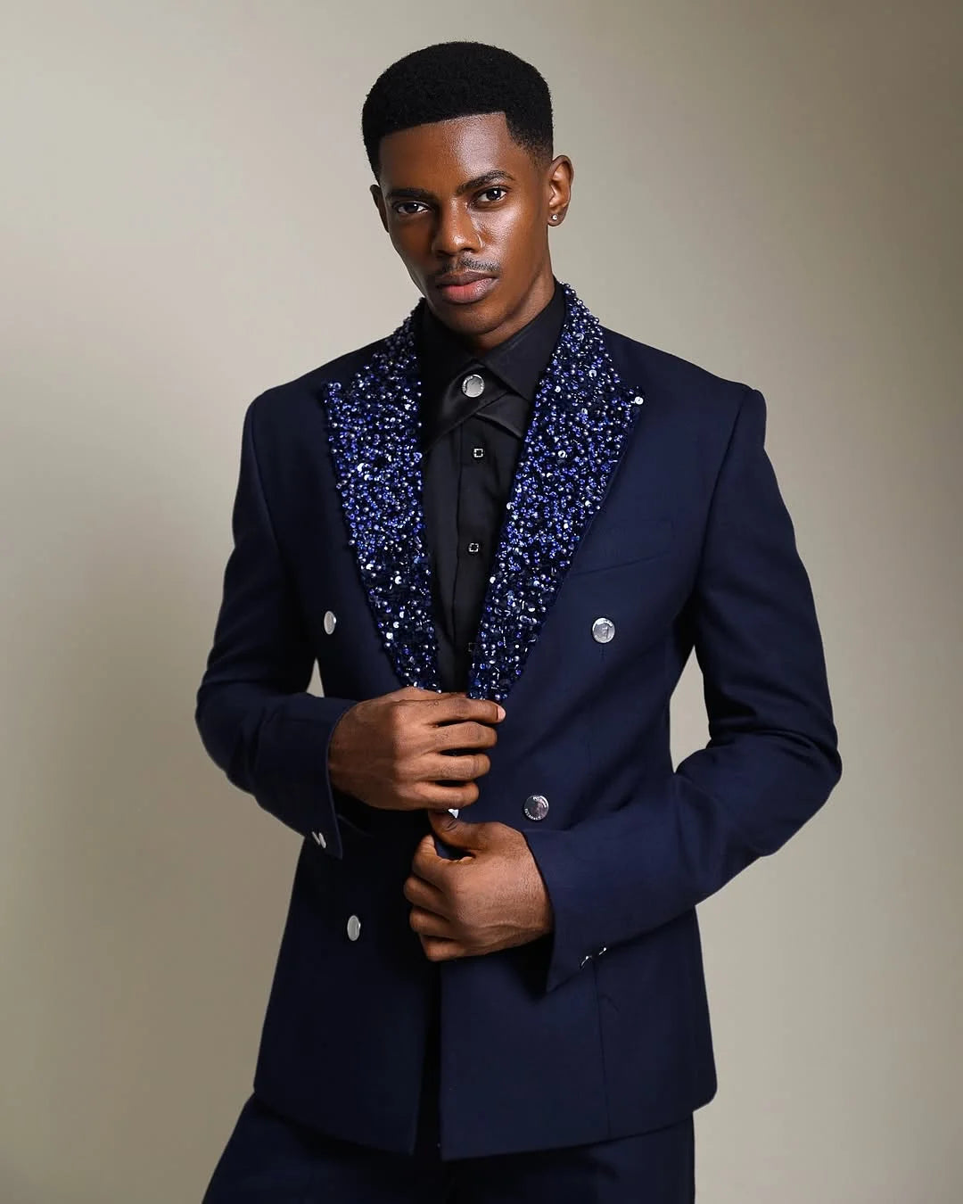 Navy Blue Men Suit Set 2 Piece Blazer+Pants Trousers Beaded Lapel Wedding Tuxedos Formal Office Jacket Prom Coat Customized