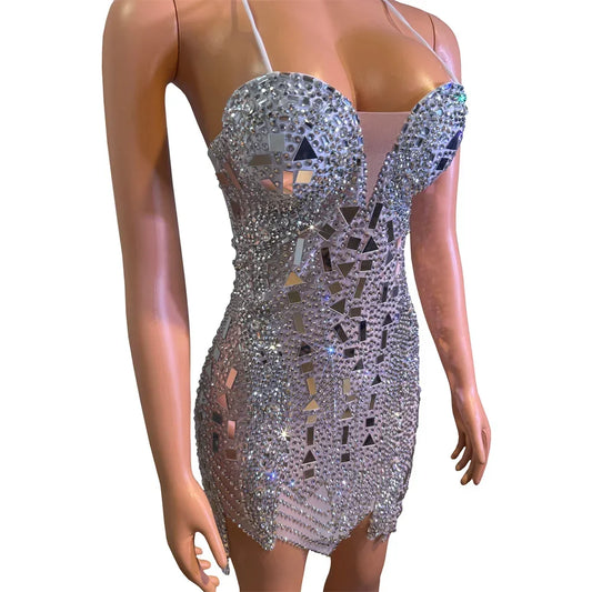 Sexy Singer Bar Nightclub Stage Wear Club Party Birthday Cocktail Show Costume Silver Mirror Rhinestones Tight Short Dress