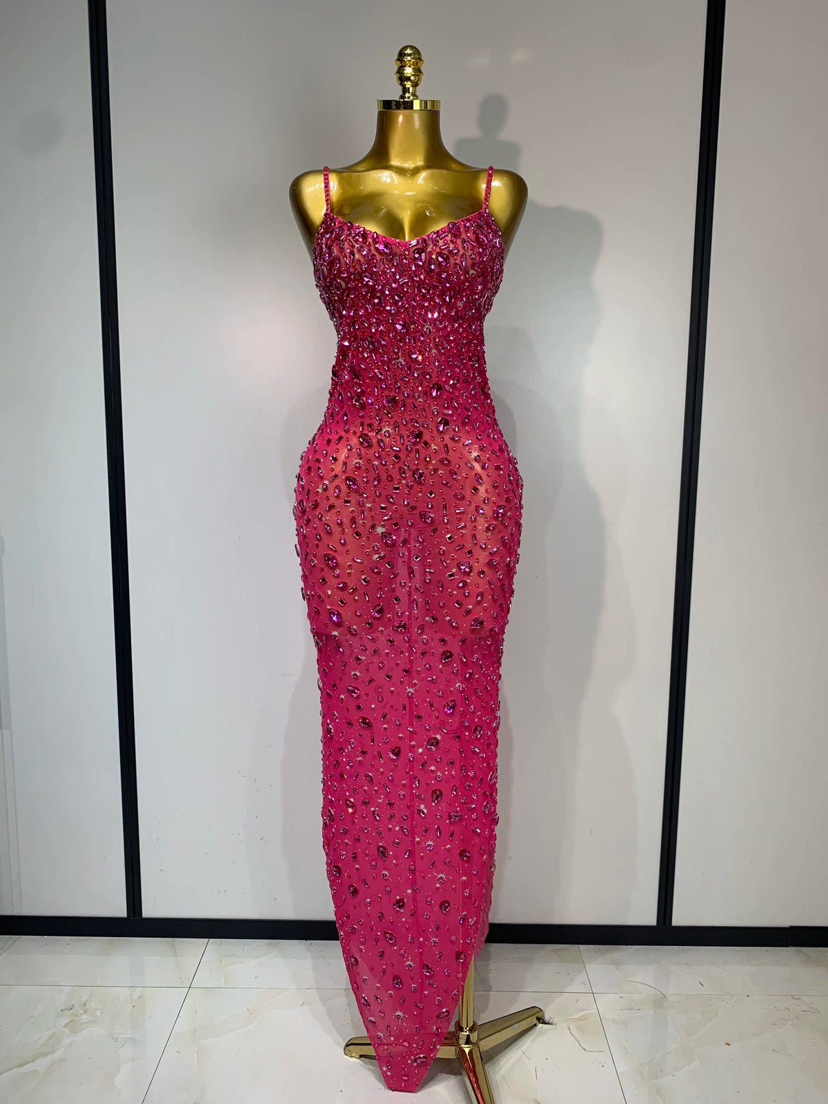 Luxury Rhinestones Sexy Mesh See Through Bodycon Dress Women Birthday Evening Cocktail Party Gown Red Carpet Club Stage Outfit