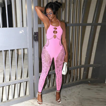 Sexy Outfits Hollow Out Yoga Jumpsuits Women Sleeveless Backless Bodycon Rompers Jumpsuit Pink One-piece Black Overalls