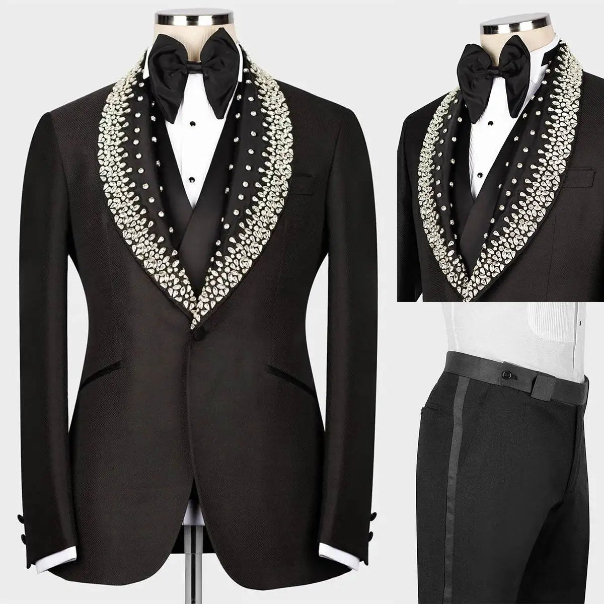 Mens Suit 3 Piece Slim Fit Gentlemen Suit Jacket Vest Pants Beaded Diamonds Customized Wedding Formal Occasions Groom Tuxedo