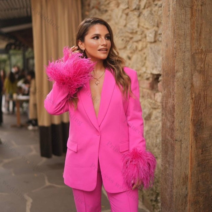 Conjunto de pantalón y chaqueta rosa intenso para mujer, con plumas, manga larga, pierna ancha, talla grande, para oficina, fiesta y graduación 