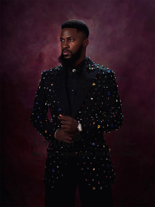 Customized Sparkly Metal Embellished Tuxedos Men Suits Slim Male Party Prom Blazers 2 Pieces Sets Wedding Groom Costume Homme