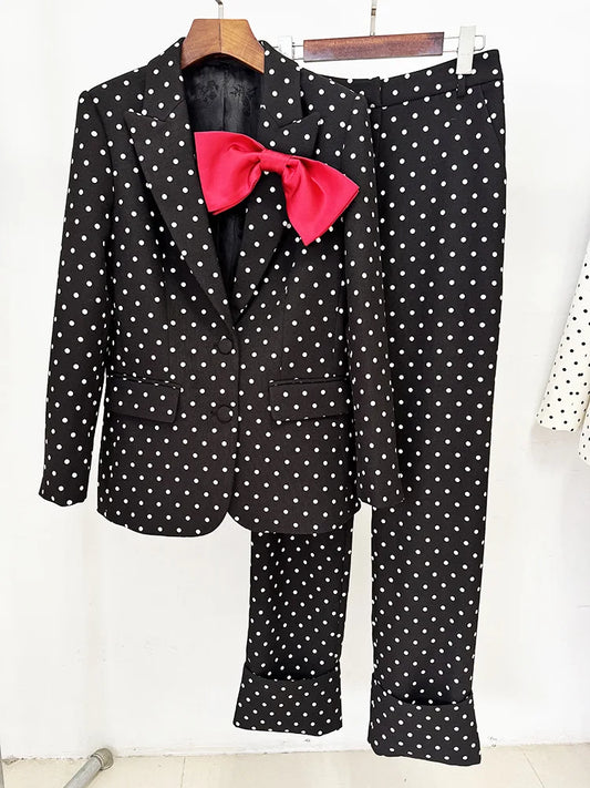 Designer Suit Women Bow Decorated Polka Dot Blazer Pants Set 2PCS