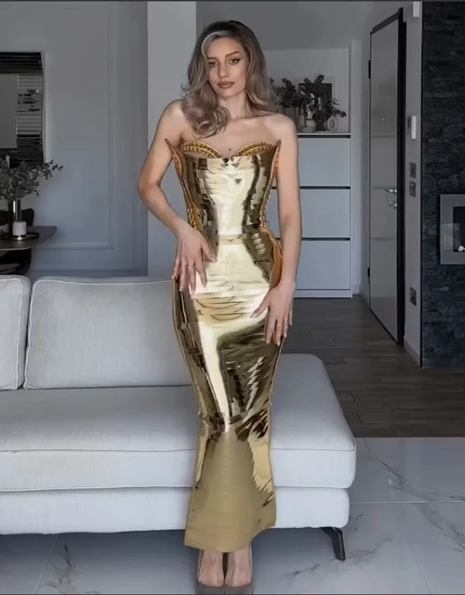 Women Luxury Gold 3D Strapless Crystal Bodycon Long Y2K Evening Party Dress One Piece Celebrity Gala Gown Special Occasion Dress
