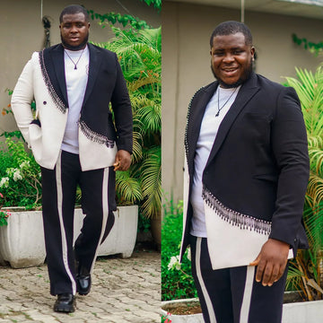 Unique Men's Suit Peaked Lapel Tailor-Made 2 Pieces Set Jacket Color Bock Blazer Rhinestone Pearls Groom Customized Coat Pants