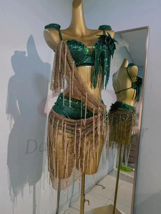 Latin Dance Costume Rhinestone Women's High-end Custom Splicing Color Grid Cloak Tango Samba Performance Dress
