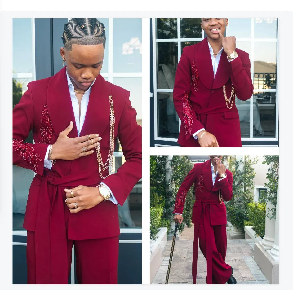 Red Men Suit Set 2 Piece Blazer+Pants Trousers Luxury Stone Crystal Customized Formal Office Jacket Groom Wedding Prom Coat Belt
