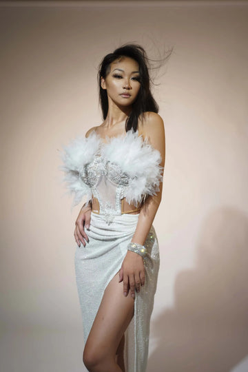 Sexy White Strapless Long Skirt 2PCS Set Lace Heavy Embroidery Tight Corset Sequin Irregular Skirt Holiday Party Dress