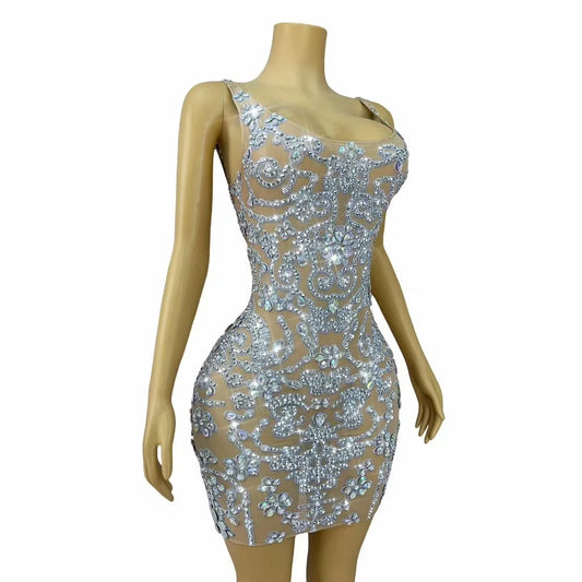 Mini robe de créateur à strass argentés pour femmes, sexy, dos nu, en maille, luxueuse, tenue de soirée, de fête d'anniversaire, de spectacle, de scène