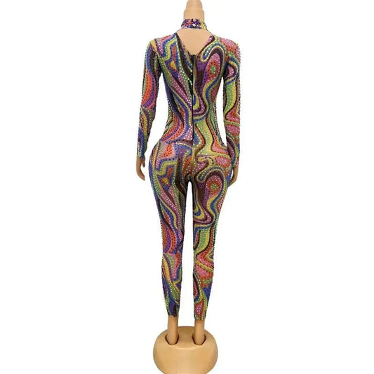 Sexy Stage Sparkly Colorful Rhinestones Stretch Jumpsuit Evening Birthday Celebrate Bodysuit Outfit Crystals Photoshoot Jumpsuit