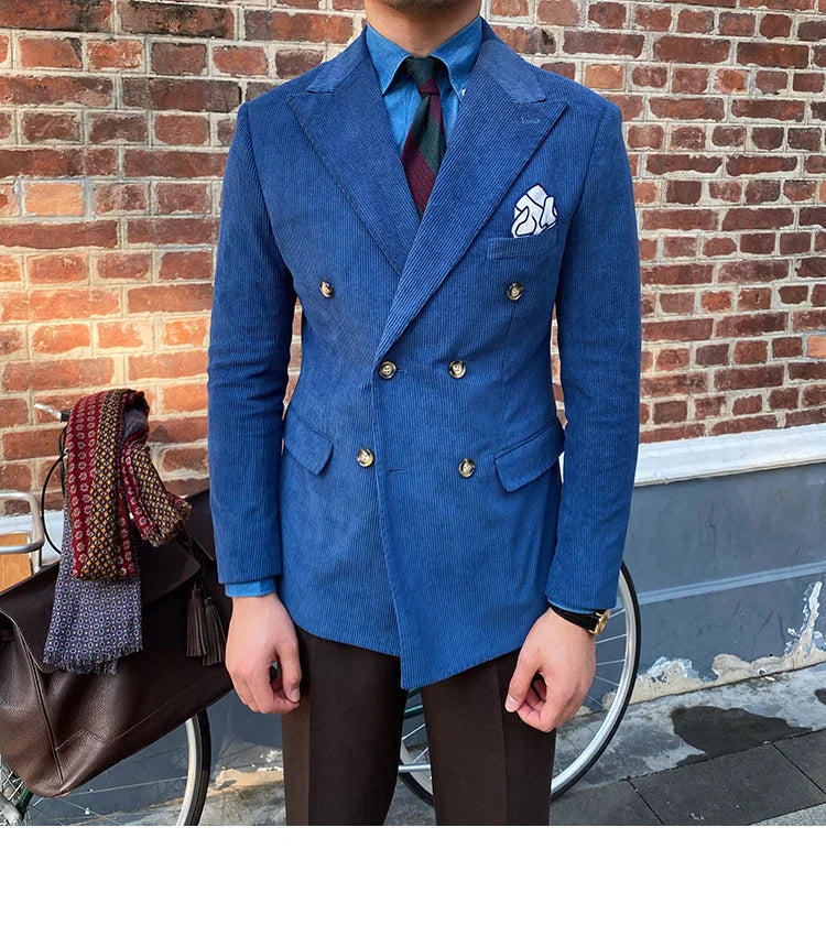 Blazer croisé élégant en velours côtelé bleu pour homme – Veste de costume slim de luxe pour mariages, dîners et événements spéciaux