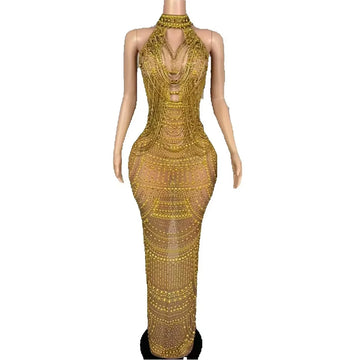 Luxury Pearl Chain Rhinestones Long Dress Women Sexy Mesh Dress Singer Stage Wear Wedding Birthday Drag Queen Photoshoot Dress