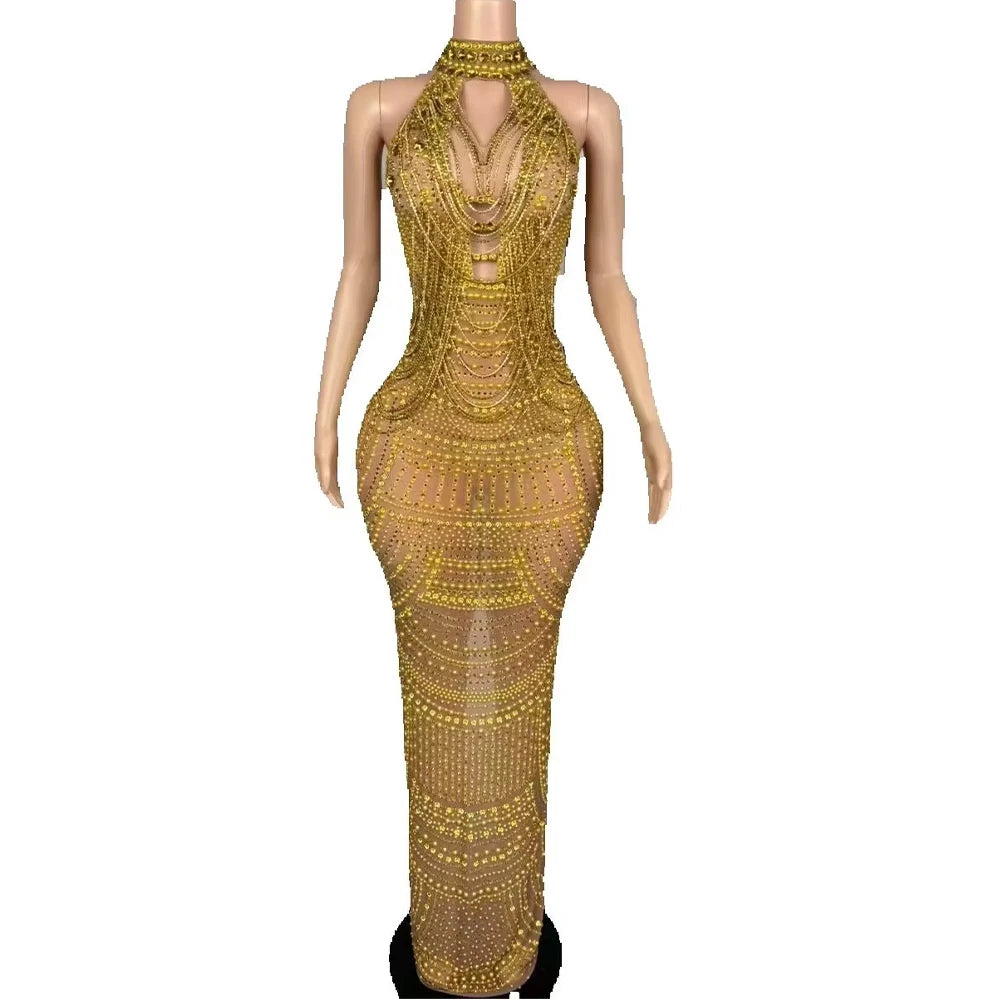 Luxury Pearl Chain Rhinestones Long Dress Women Sexy Mesh Dress Singer Stage Wear Wedding Birthday Drag Queen Photoshoot Dress