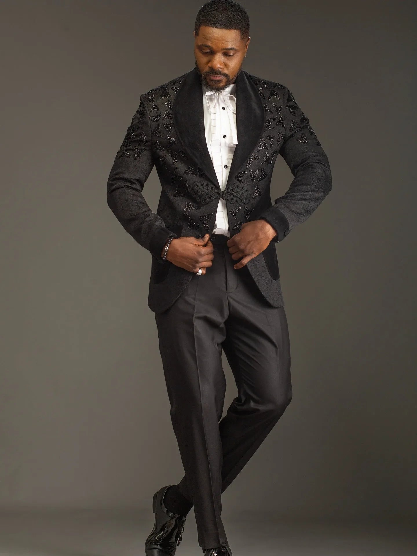 Handsome Men's Suits Jacquard2 Pieces Set Tailor-Made Jacket Beading Blazer Shawl Lapel One Button Groom Customized Coat Pants