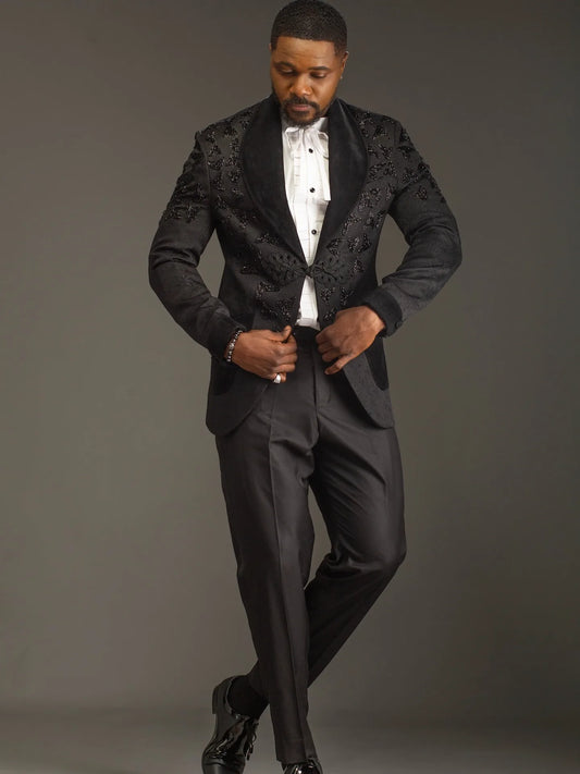 Handsome Men's Suits Jacquard2 Pieces Set Tailor-Made Jacket Beading Blazer Shawl Lapel One Button Groom Customized Coat Pants